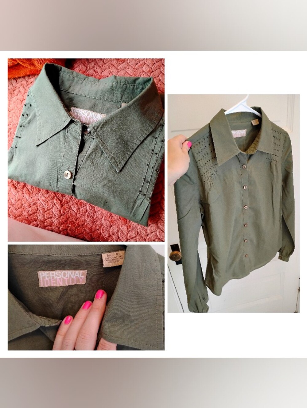 Personal Identity Beaded Olive Green Button-Up Top